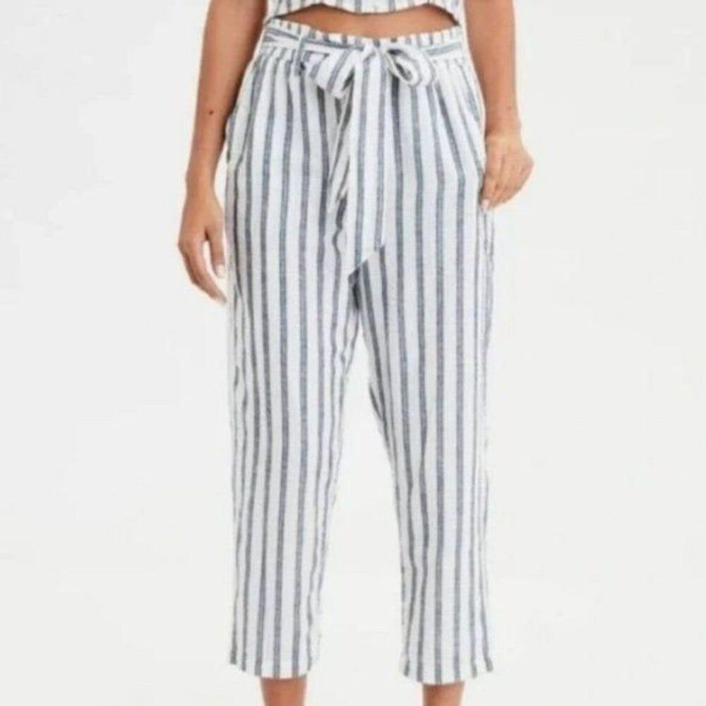 American Eagle Straight Leg Belted Elastic Waist Pants White Blue Stripe Large